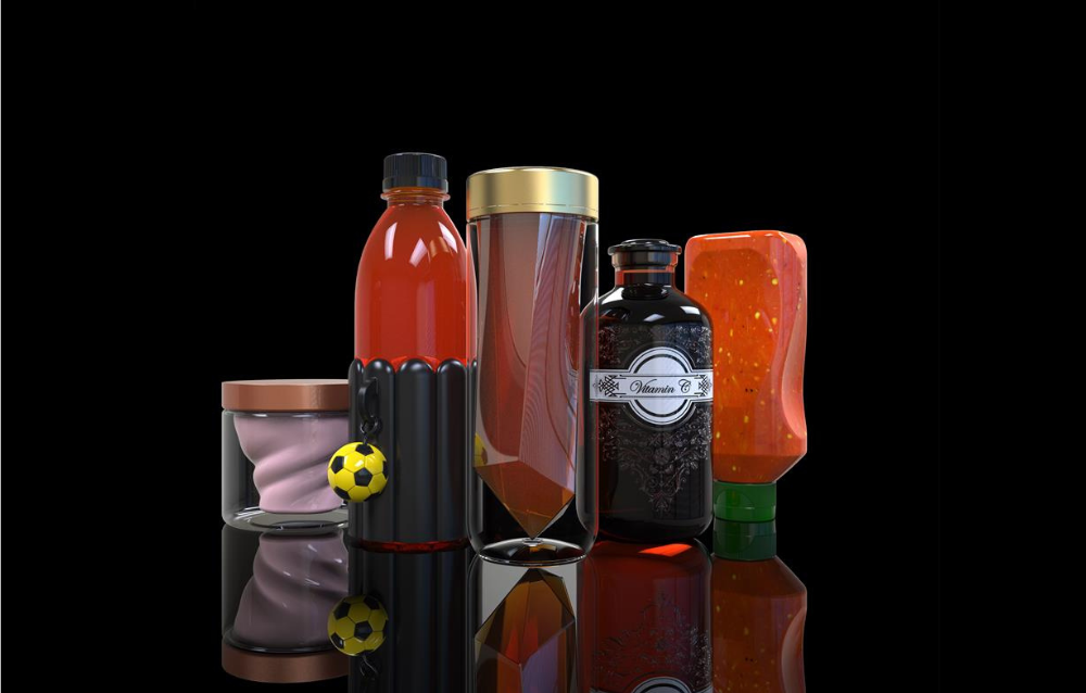 Assorted beverage containers on reflective surface