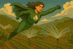 superhero irrigator flying over vineyard