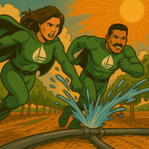 two irrigator superheroes running to fix a leak